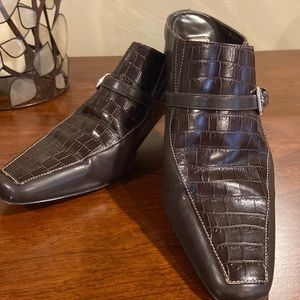 Brighton Mules, brown leather with crocodile print on front.